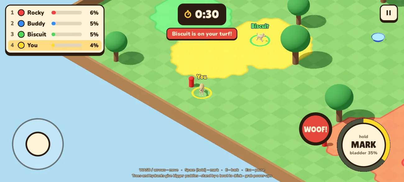 A match on the Park map: four dogs marking their turf, the live ranking and the marking and barking buttons